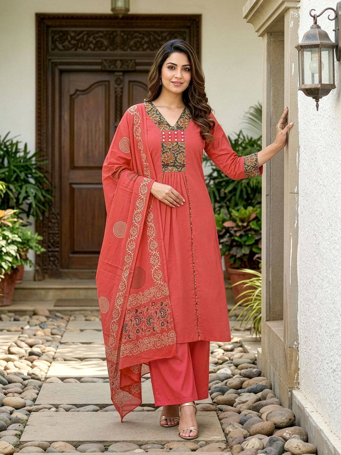 A-line kurta with decorative embroidered yoke, matching palazzo pants, and a printed dupatta.